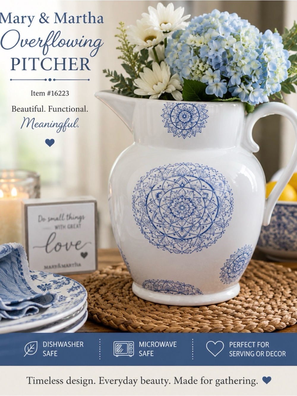 Mary and Martha White Ceramic Pitcher with Blue Mandala Pattern
